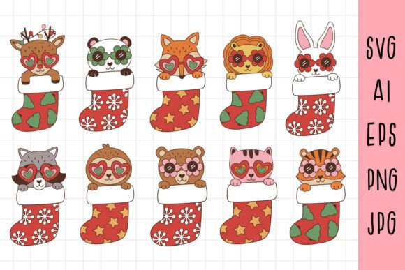 Animal in the Sock Clipart, Christmas Illustrations