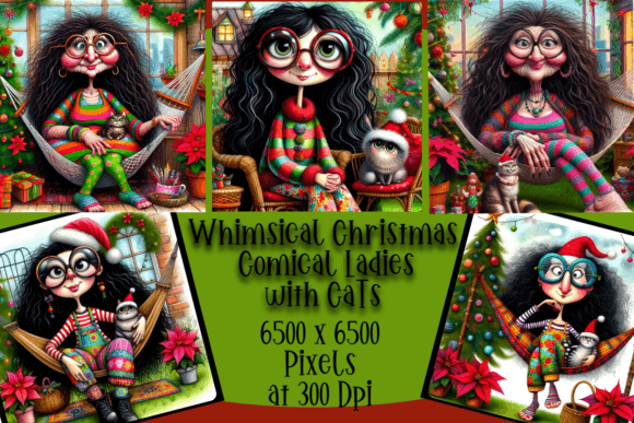 Christmas Comical Ladies with Cats Illustrations