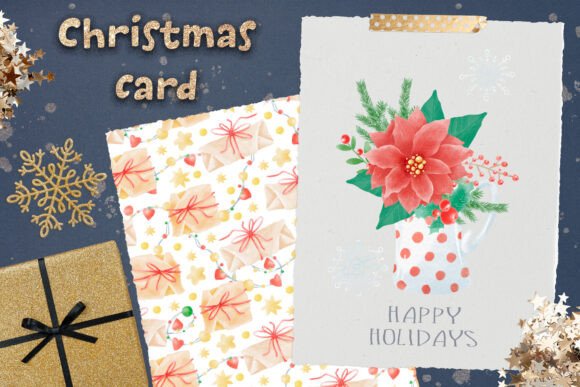 Christmas Poinsettia Postcard Png: Illustrations