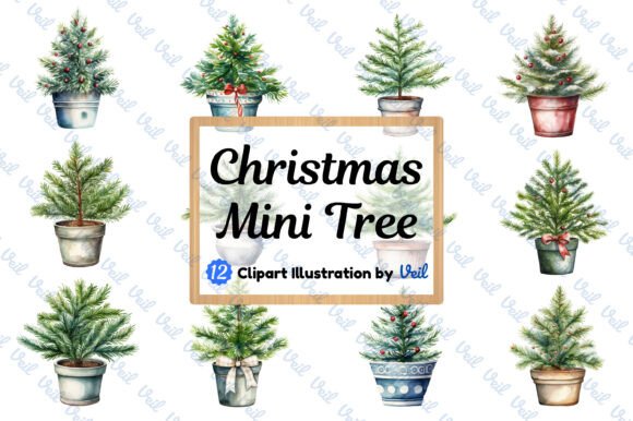 Mini Christmas Tree Clipart Watercolor Illustrations
