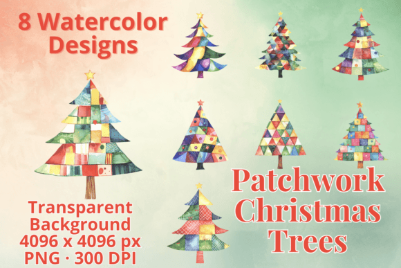 Patchwork Watercolor Christmas Trees Set Illustrations