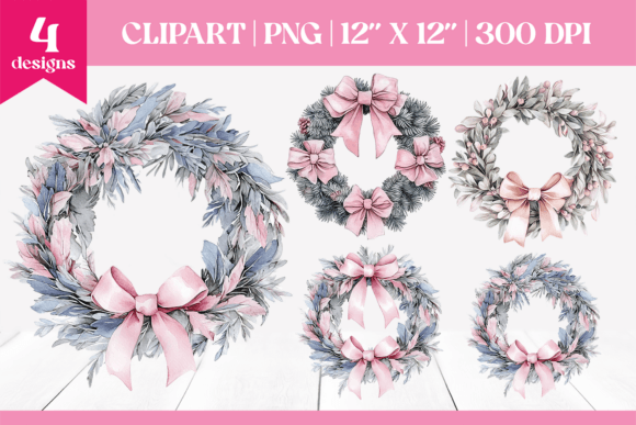 Pink Bow Watercolor Christmas Wreath PNG: Illustrations Review