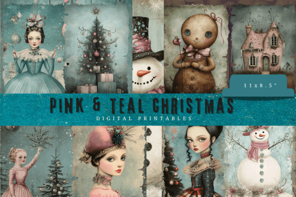 Pink Teal Christmas Junk Journal Paper & Illustrations