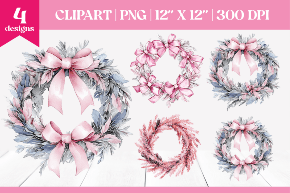 Pink Watercolor Christmas Wreath PNG Illustrations