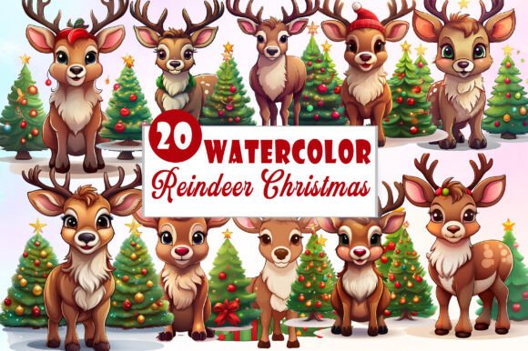 Reindeer Clipart with Christmas Tree Illustrations