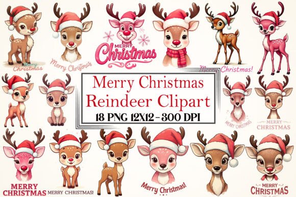 Reindeer Merry Christmas Clipart: Branding & Illustrations