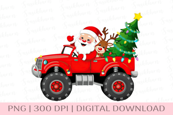 Santa Claus Reindeer Red Truck Christmas Illustrations