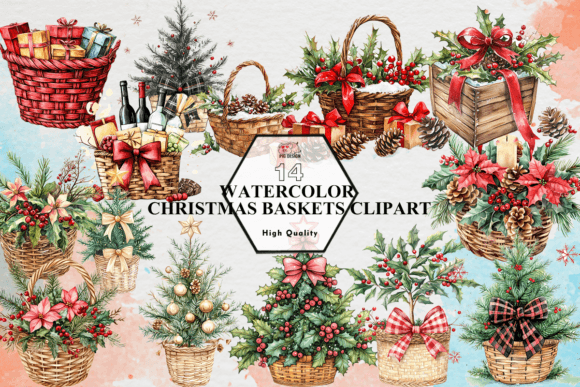 Watercolor Christmas Baskets Clipart PNG Illustrations