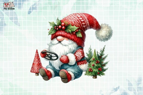 Watercolor Christmas Gnome and Truck Illustrations