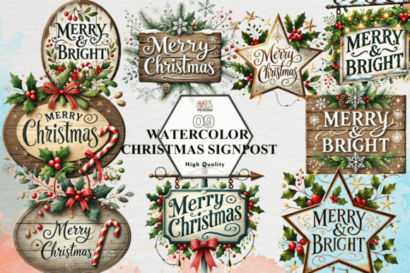 Watercolor Christmas Signpost Clipart PN Review