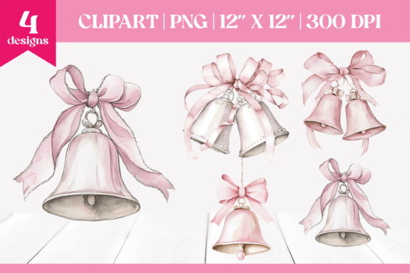 Watercolor Pink Christmas Bells Clipart for Illustrations