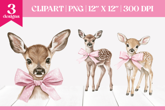 Watercolor Pink Christmas Fawns Clipart for Illustrations